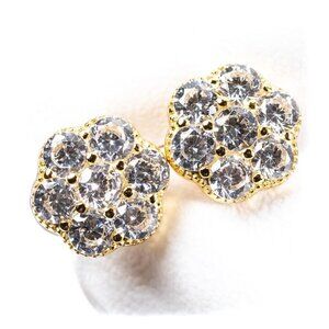 Men's Brilliant Yellow Gold 925 Sterling Silver Iced Cz Flower Cluster Earrings